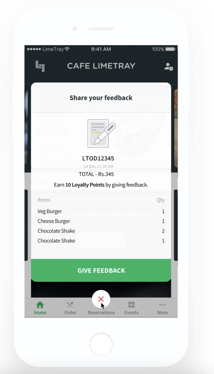 LimeTray mobile app tool showcasing its in-app restaurant feedback feature.